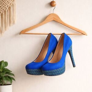 🛍️ Blue green suede, embroidered platform, stiletto pumps, high heels, size 7